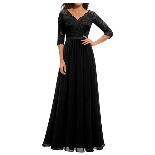 Women's dress lace 3/4 sleeves A line long evening dress cocktail dress black M - Picture 1 of 5