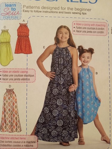 Girls Dress Sewing Pattern M7589 Gathered Neck Pullover Dress Pattern