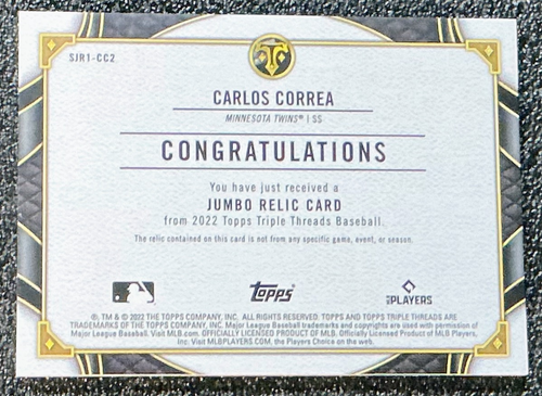 Carlos Correa 2022 Topps Triple Threads #SJR1-CC2 Single Jumbo Relic /48 (MEM) - Picture 2 of 2