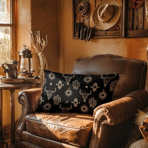 Boho Western Aztec Cow Bull Skull Decor Pillow Covers 20x12, Black Bohemian - Picture 5 of 6