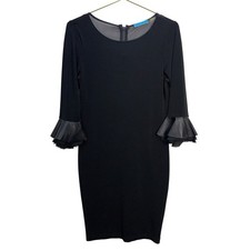 Alice Olivia Black Sheer Lamb Leather Detail Cuffs Silk Ruffle Sleeve Dress Sz L