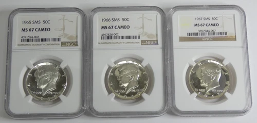 1965, 1966, & 1967 USA JF Kennedy 50c 3pc Set SMS NGC MS 67 CAMEO