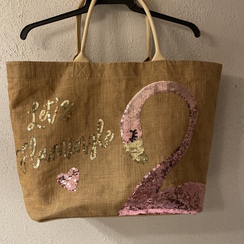 Mud Pie Lets FlamingoPink Sequined & Brown Burlap Jute Large Tote Beach Tropical - Picture 1 of 7