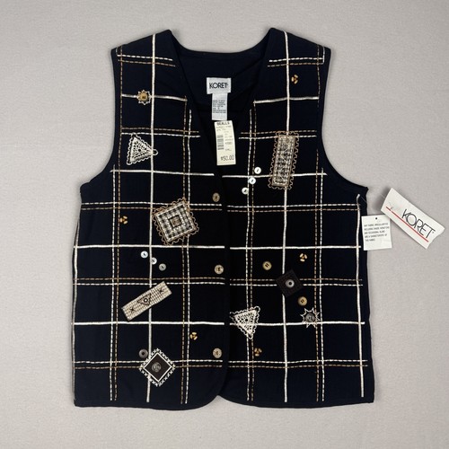Koret Womens Vest Black Button Front Floral Embroidered Size Small Vintage - Picture 1 of 7
