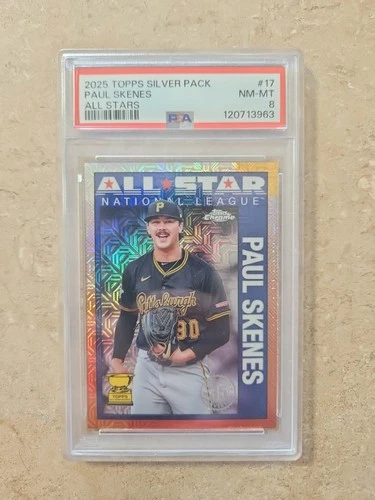 Topps 2025 Series 2 1990 Chrome Silver Pack All-Stars Paul Skenes PSA 8 Pirates