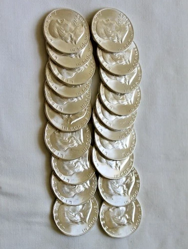 Lot of 20 1960-D 50c Franklin Silver Half Dollars - Full BU Roll of 20 Coins