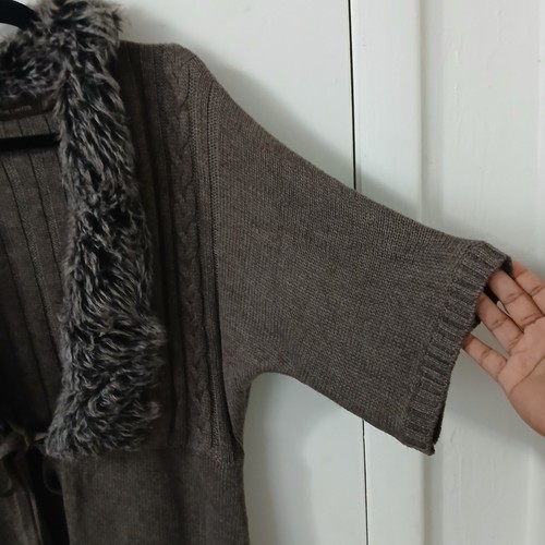 The Limited Brown Knit Faux Fur Collar Cardigan Sweater L Tie Front Short Sleeve - Picture 2 of 10