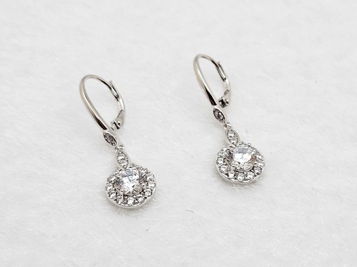 925 Sterling Silver Halo Cubic Zirconia Lever Back Drop Earrings for Women - Bild 2 von 5