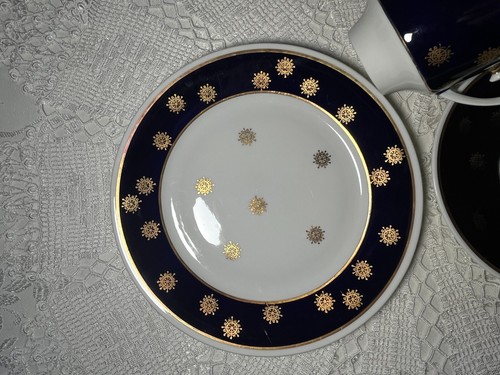 3 tlg. Weimar Porzellan, blaues Tee-Kaffee-Set mit Vergoldung. Echt Kobalt. - Bild 4 von 12