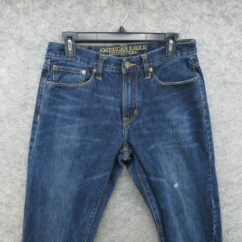American Eagle Jeans Mens 32x34 Blue Slim Straight Distressed Dark Wash Denim - Picture 2 of 16