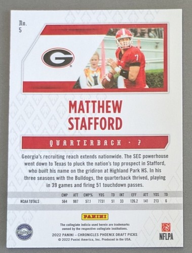 2022 Chronicles Phoenix Draft Picks #5 Matthew Stafford Sliver Georgia Bulldogs - Bild 3 von 3
