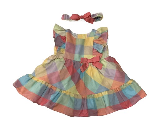 Bonnie Baby Dress 3-6 mo Baby Pinafore Linen Plaid Dress With Headband Pastels - Picture 2 of 6