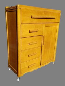 Vintage Mid Century Compact Solid Wood Wardrobe Dresser On Casters