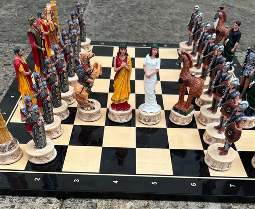 Chess Set Trojan Theme X Large Painted Chess Pieces Inlaid Solid Wooden Chess - Picture 6 of 10