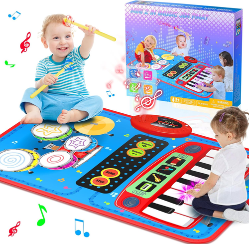 2-In-1 Musical Mat Toys for 1 2 3 4 5 Year Old, Piano Keyboard & Drum Set with 2 - Picture 9 of 12