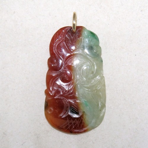 2.05" Chinese 14K Yellow Gold, Brick Red & Green JADEITE Jade Koi Fish Pendant - Picture 2 of 12