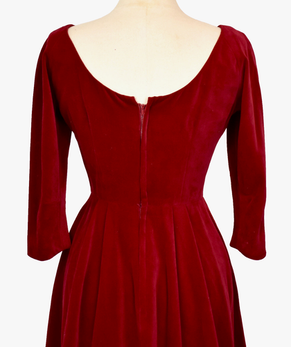 Vintage 50s Red Cotton Velveteen Velvet Dress XS-S Holiday Party - Picture 7 of 9