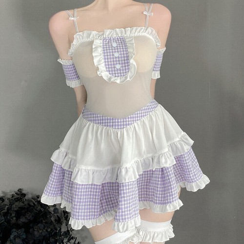 Lolita Niñas Cuadros Doncella Vestido con Volantes Malla Ruflfle Mini Disfraz con Cosplay Correas - Imagen 5 de 20