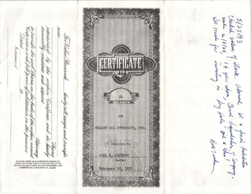 Certificado de stock 1959 Nelson Oil Syndicate Inc Graham TX - Imagen 2 de 2