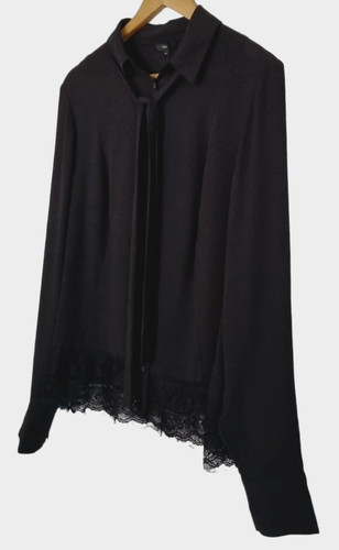 CUE Black Sheer Long Sleeve Sheer Neck Tie Lace Hem Blouse Top - Size 14 BNWT - Picture 3 of 7