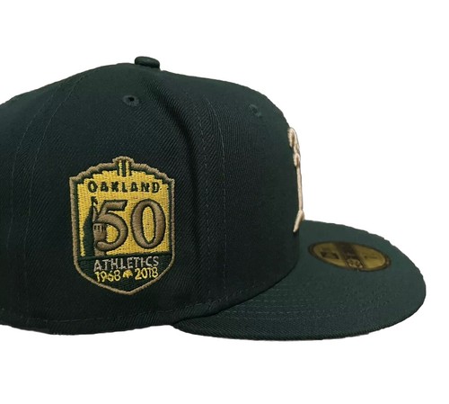 New Era Oakland A’s Gold Leaf 59Fifty Hat Size 8 Fitted Cap 50 Years Side Patch - Picture 3 of 6