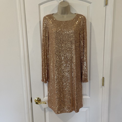 Preston & York 18 Rosa Gold Jewel Neck Sequin Party Dress Long Sleeve Shiny $139 - Picture 6 of 18