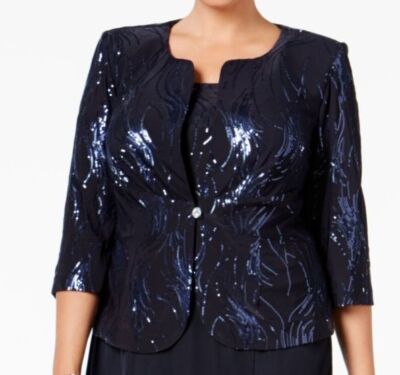 Alex Evenings Women's Blue Sequined Button-Front Evening Jacket Plus Size 16W