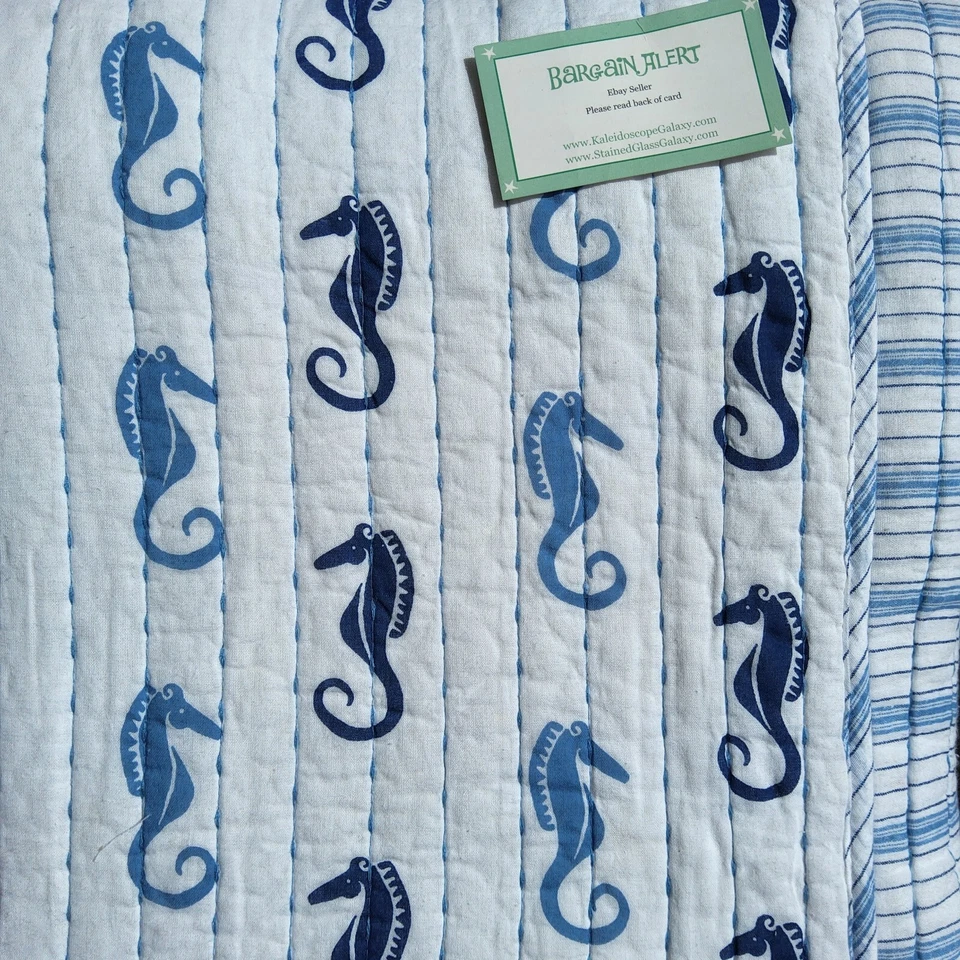 Sigrid Olsen Seahorse Beach 3pc Full Queen Quilt  Blue White Reversible Stripe - Image 3 of 4