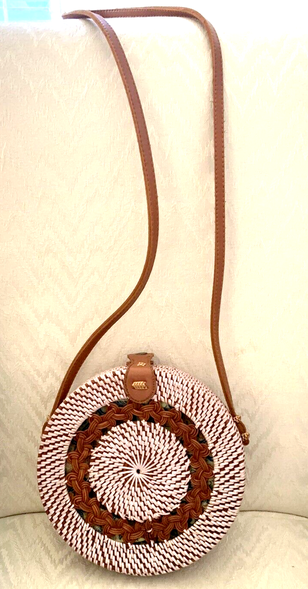 Handwoven Rattan Round Crossbody Bag Boho Bali Circle Wicker Sling