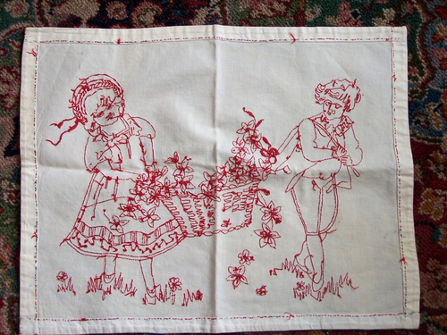 Vintage Red Work Tapestry Boy & Girl Carrying Basket Flowers Embroider 18 X 14" - Picture 5 of 7