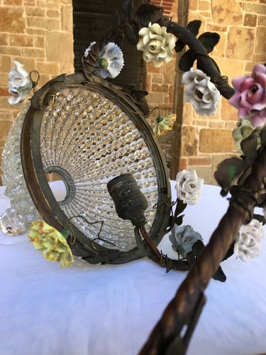 antique vintage Czech beaded glass small basket chandelier porcelain flowers - Picture 13 of 18