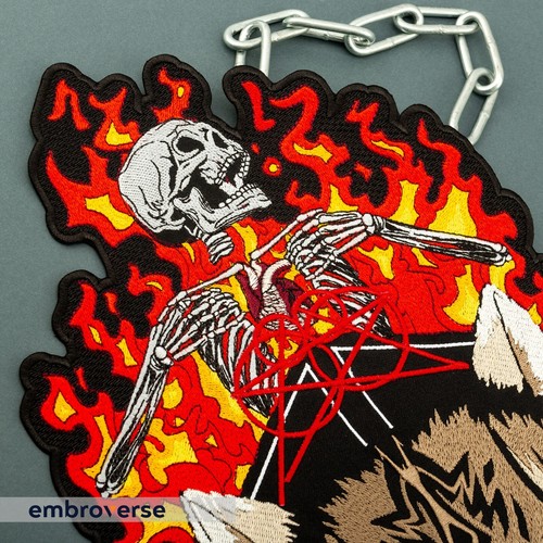 Hell Wolf Large Back Patch - Angry Wild Animal - Fire Skull Emblem - Embroidered - Picture 8 of 10