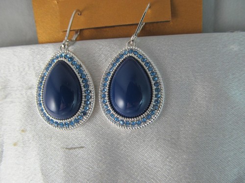 NWT MONET SILVER & BLUE CRYSTAL with BLUE "LAPIS" LOOK TEARDROP DANGLE EARRINGS - Picture 1 of 5