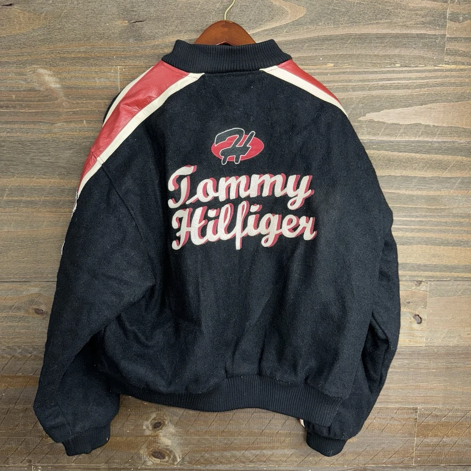De colección Para Hombre Tommy Hilfiger Negro A Presión Lana Acolchado Motocicleta Talla Grande Foto 2 de 4