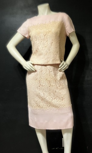 VTG 60s Skirt Suit powder pink Beige Lace mod party cocktail 1960s Jackie O - Picture 1 of 14