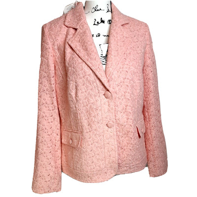 Dialogue QVC Lace Eyelet Blazer Medium Pink 2 Button Cottagecore Coquette