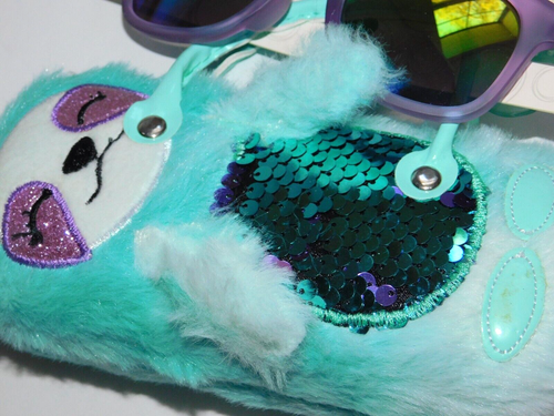 Girls Kids Sunglasses and Sunglass Case Set Purple & Green Furry Sloth Case - Picture 4 of 8