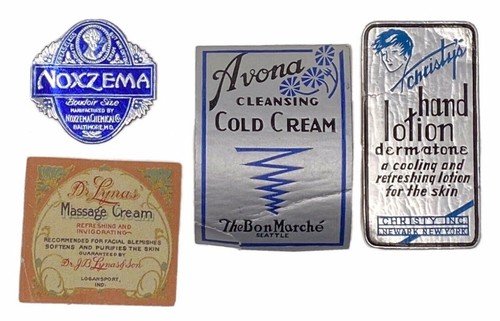 Noxzema Boudoir Christys Dermatone Avona 4x LOT VTG Silver Foil Art Deco Labels - Picture 1 of 12
