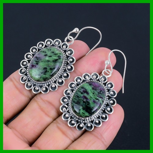Memorial Day Sale Ruby Zoisite Gemstone Drop Handcrafted New Earrings 925 Silver - Picture 3 of 6