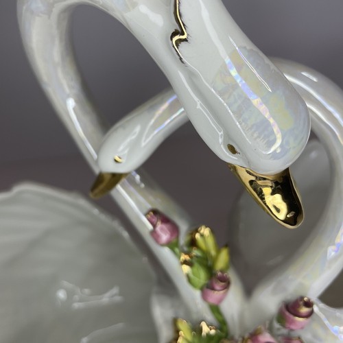 Capodimonte Double Swan & Roses Gold Accents Planter Decor Dish Italy Pearl - Picture 12 of 13