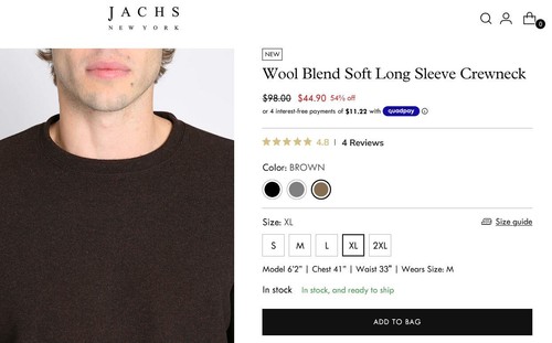 Jachs New York Men's Wool Blend Soft Crewneck BROWN Size XL, NWT - Picture 5 of 11