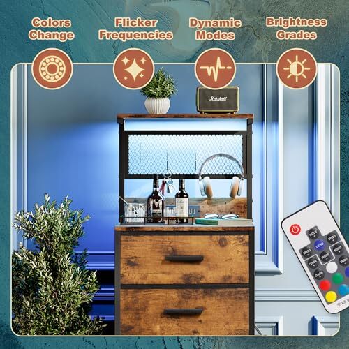 Nightstand 5 Drawer Dresser with LED Lights, 5 Drawers with Hooks Rustic Brown - Bild 4 von 6