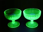 Vintage Vaseline Uranium Glass Green Ribbed Parfait Glasses Depression Stemware