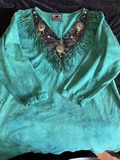 Vintage 80 s Western Shirt Tie Dye Fringe One Size Bedazzled Beads Green Blouse