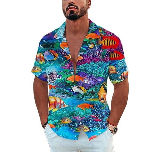 Mens Loose Fit Short Sleeve Shirt with Unique Marine Organism Print, Polyester F - Picture 42 of 93