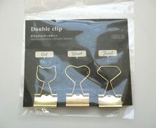 Set of 3 Metal Wire Binder Clips Cat/Heart/Jewel Gold Tone BN 