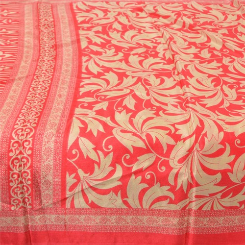 Sanskriti Vintage Sarees Red/Cream Artificial Silk Printed Sari 5Yd Craft Fabric - Picture 1 of 10