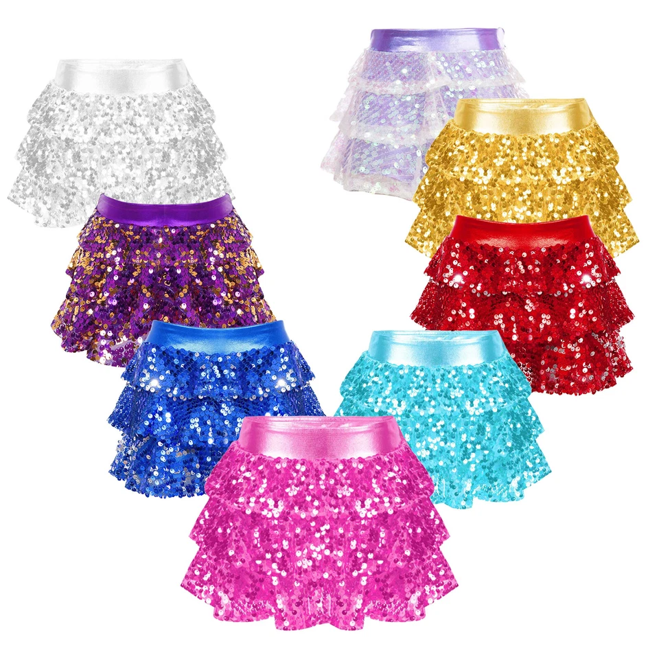 Girls Sequins Tiered Skirt Kids Metallic Glitter Party Dance Culottes Dancewear - Image 3 of 3
