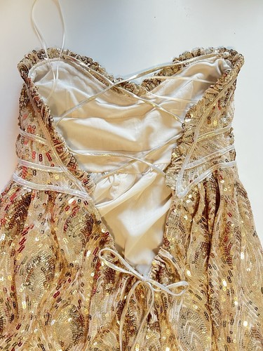 Long Gold Sequin Formal Prom Party Dress S Strappy Lace Up Back Sparkle Maxi NWT - Picture 14 of 16