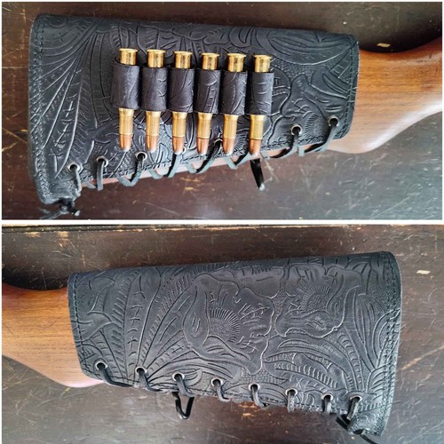 Buttstock Cover mit Patronenhalter mit Rückstoßpolster schwarz Leder mit Ranger Perlen - Bild 1 von 3